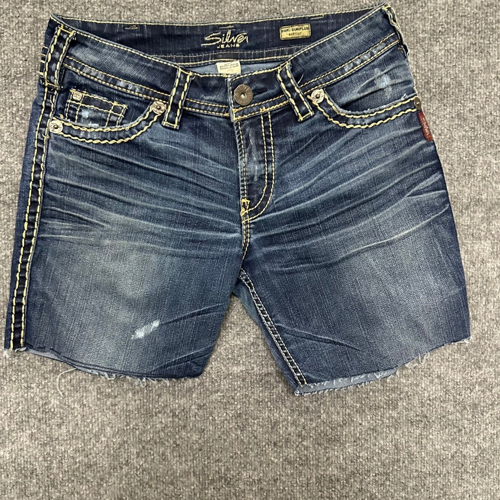 Silver Jeans Shorts Womens Size 31 Dark Wash Suki Surplus Raw Hem Denim Cutoff